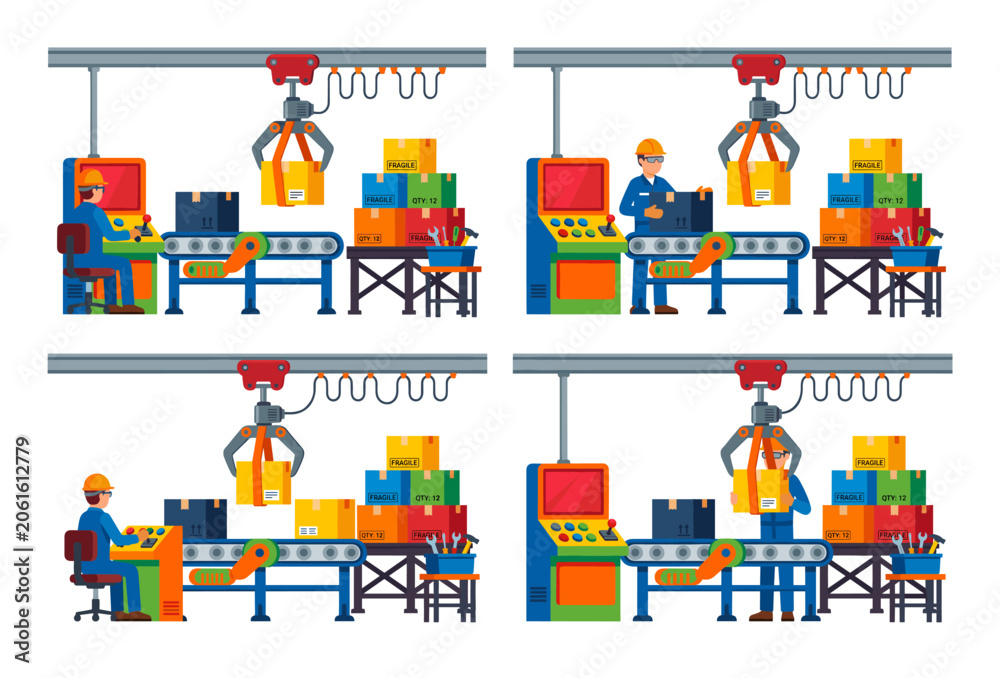 Naklejka premium Manufacturing process showing a crane robot arm assisting workers on a conveyor belt packaging products in a factory