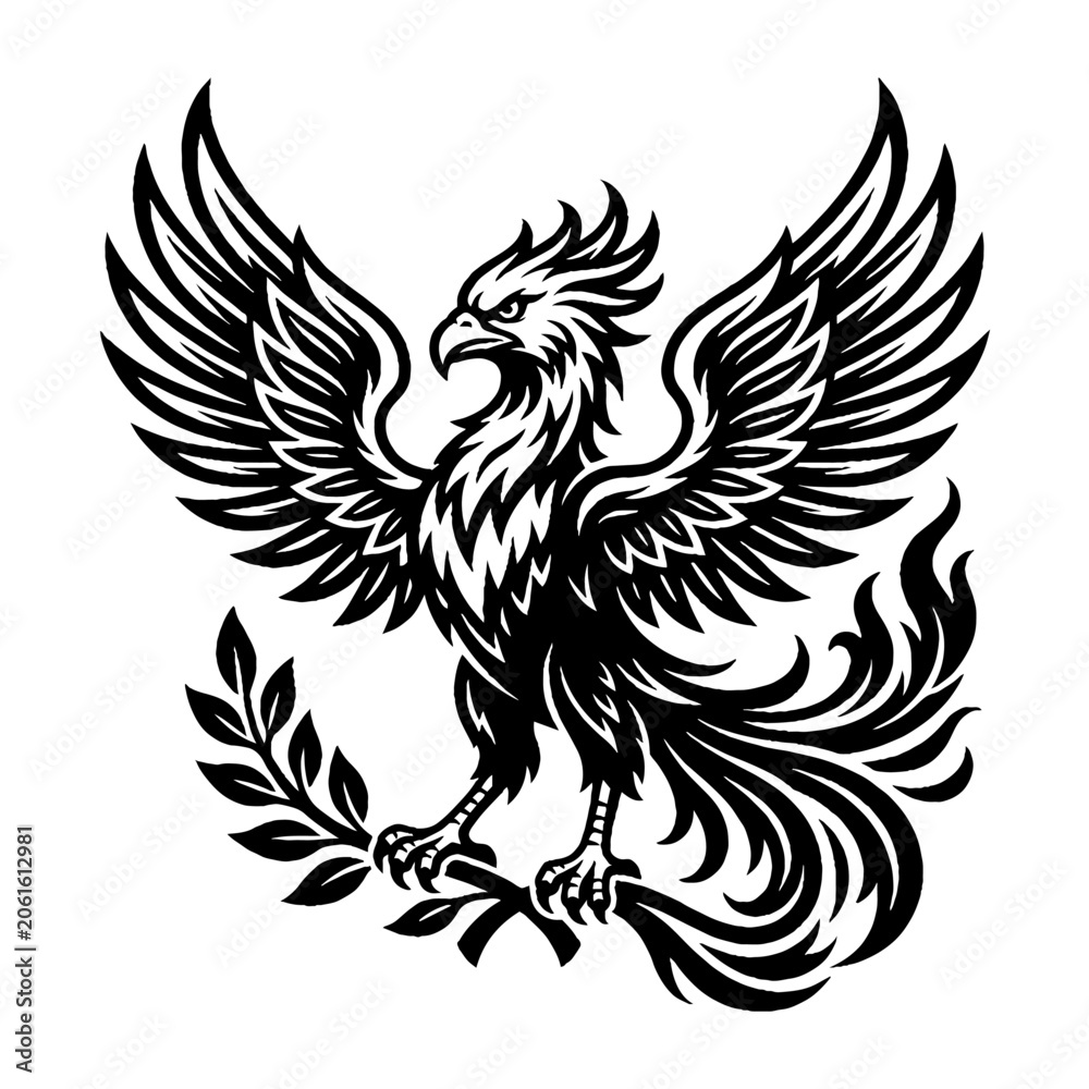 Fototapeta premium Black and white vector illustration of a mythical phoenix bird with spread wings standing on a laurel branch in a bold graphic style