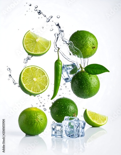 A refreshing scene of limes and chili peppers suspended in mid-air with splashing water droplets
