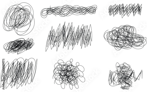 Canvas Print Abstract scribble shapes set with chaotic line patterns, Hand drawn messy doodle