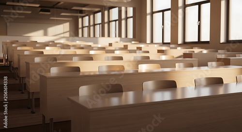 Empty classroom with wooden desks and sunlight streaming through windows