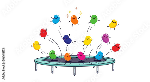 Foto Colorful Jelly Bean Characters Jumping on Trampoline Illustration
