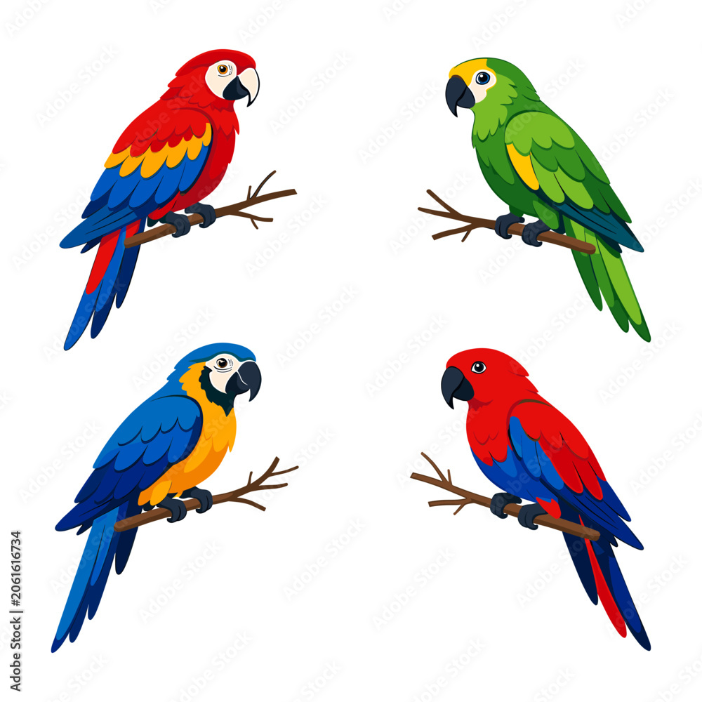Naklejka premium Cartoon-style set depicting four different species of colorful parrots and macaws perching on tree branches