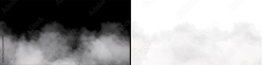 Fototapeta premium Rolling smoke on isolated black background, effect of fog, mist, or smoke on transparent background, low level.
