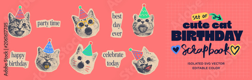 Happy Birthday Party Cat Scrapbook Collage for New Born Anniversary Carnival, Birthday Cake, Confetti, Cute Cat, Trendy Halftone Vector Illustration