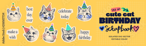 Happy Birthday Party Cat Scrapbook Collage for New Born Anniversary Carnival, Birthday Cake, Confetti, Cute Cat, Trendy Halftone Vector Illustration