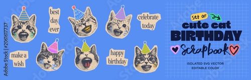 Happy Birthday Party Cat Scrapbook Collage for New Born Anniversary Carnival, Birthday Cake, Confetti, Cute Cat, Trendy Halftone Vector Illustration