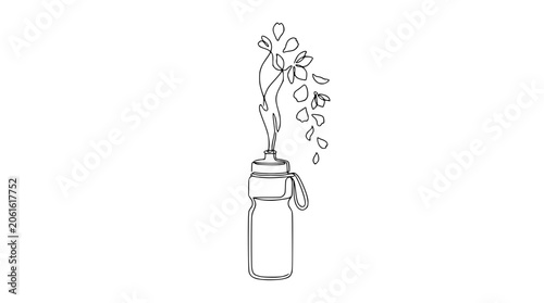 Continuous line drawing of a water bottle with blooming flowers and petals.