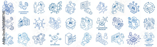 isometric line art vector icon AI Automation Specialist in blue stroke