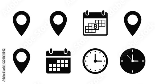 Location pin calendar and clock icons on a white background
