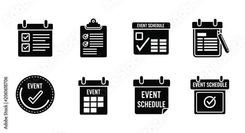Event Schedule Icons Set Black Silhouette On White Background