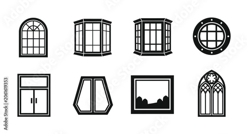 Assorted Window Silhouettes On White Background Black And White