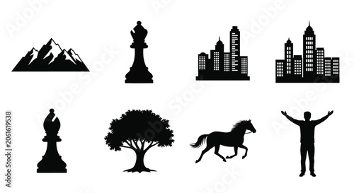Silhouettes Of Mountains Chess Piece Cityscape Tree Horse And Person