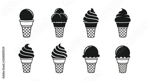 Ice Cream Cone Silhouettes On White Background Collection Of Eight