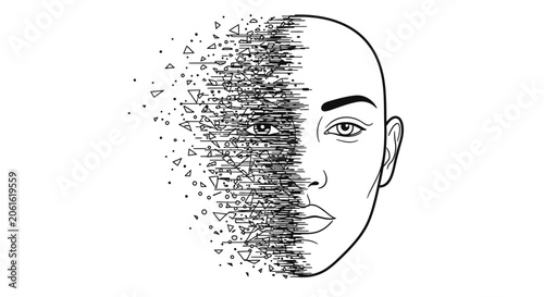 Foto Abstract Disintegrating Female Face Line Art Illustration
