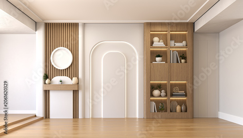 Tableau sur toile Modern empty interior background featuring a warmly lit arch niche, wooden fluted wall panels, and built-in display shelves with decor