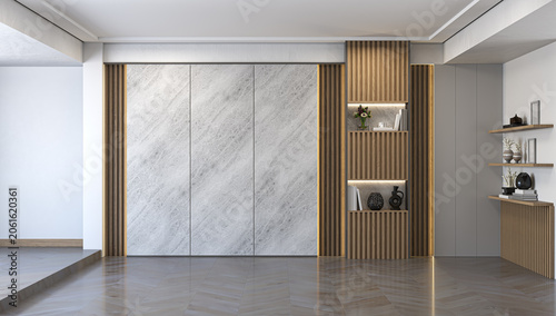 Fotografía Sophisticated empty room interior featuring light grey marble wall panels, vertical wood slats, and built-in decorative shelving on a chevron wood floor