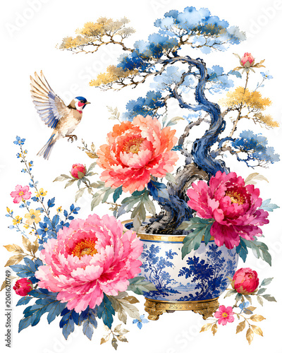 Modern Chinoiserie Art Elegant Watercolor Botanical Artwork Featuring Bonsai Tree with Blooming Peonies and Bird Illustration for Home Decor and Stationery