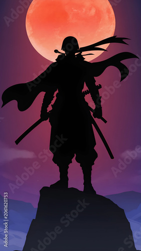 Samurai warrior silhouette standing under a giant red moon