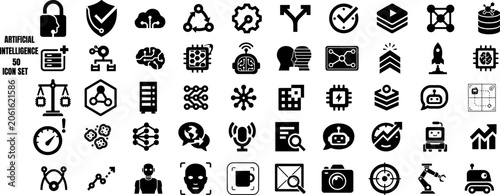 Artificial intelligence and machine learning icons digital technology, cloud computing, data science, neural networks, cybersecurity