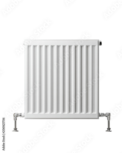 White panel radiator with thermostatic valve and exposed chrome pipes isolated on transparent background
