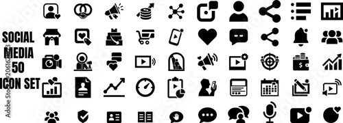 Social media icons set collection, including user profile, handshake, megaphone, coins, network, share, menu, charts, store, location, cart, phone