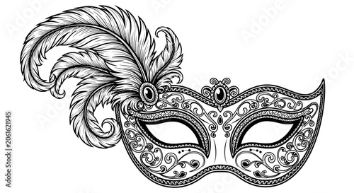 Elegant Venetian Masquerade Mask with Feathers Illustration