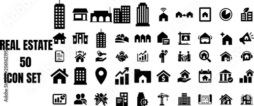 Konstfotografi Real estate and smart home icons featuring houses, buildings, keys, graphs, and