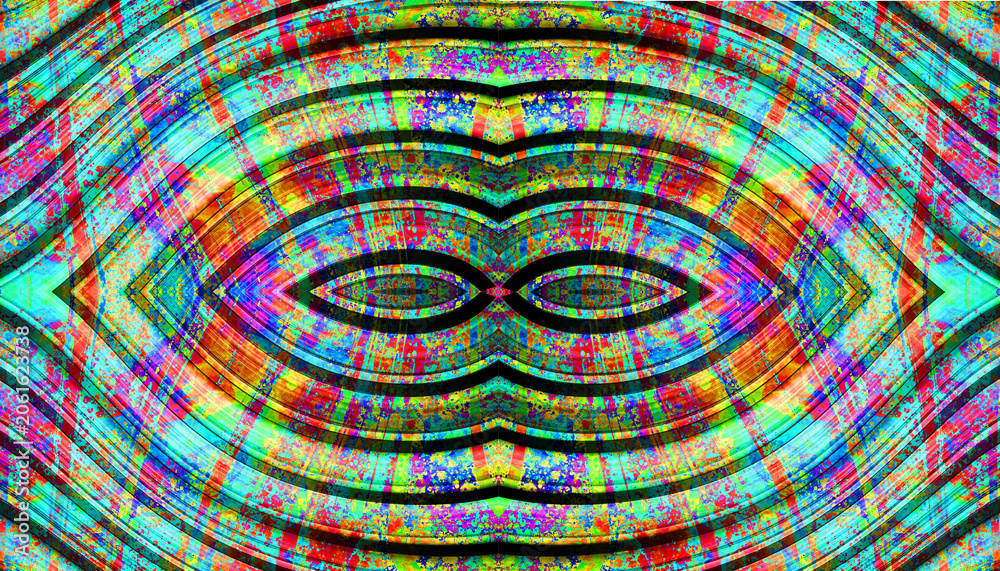 Fototapeta premium Symmetrical Neon Rainbow Oval Kaleidoscope Abstract Grunge Multicolor Digital Background