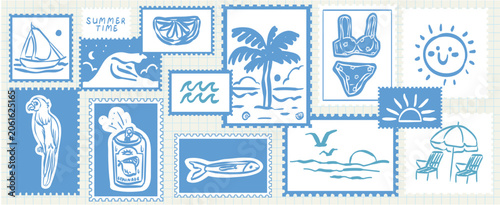 Blue summer beach doodle sticker or postal stamp set. Wax crayon coastal drawings. Vector summertime sea travel scrapbook hand drawn collage illustrations for travel dairy, notebooks, social media.