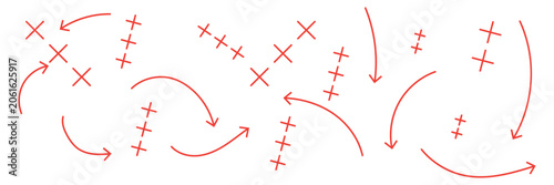 Hand drawn football tactics diagram, soccer strategy play with arrows, player movement, passing routes and formation plan for offensive and defensive game concept