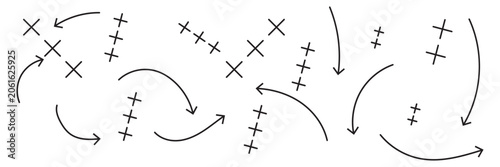 Hand drawn football tactics diagram, soccer strategy play with arrows, player movement, passing routes and formation plan for offensive and defensive game concept
