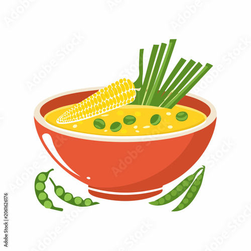 Bowl of Corn and Pea Soup with Green Onions