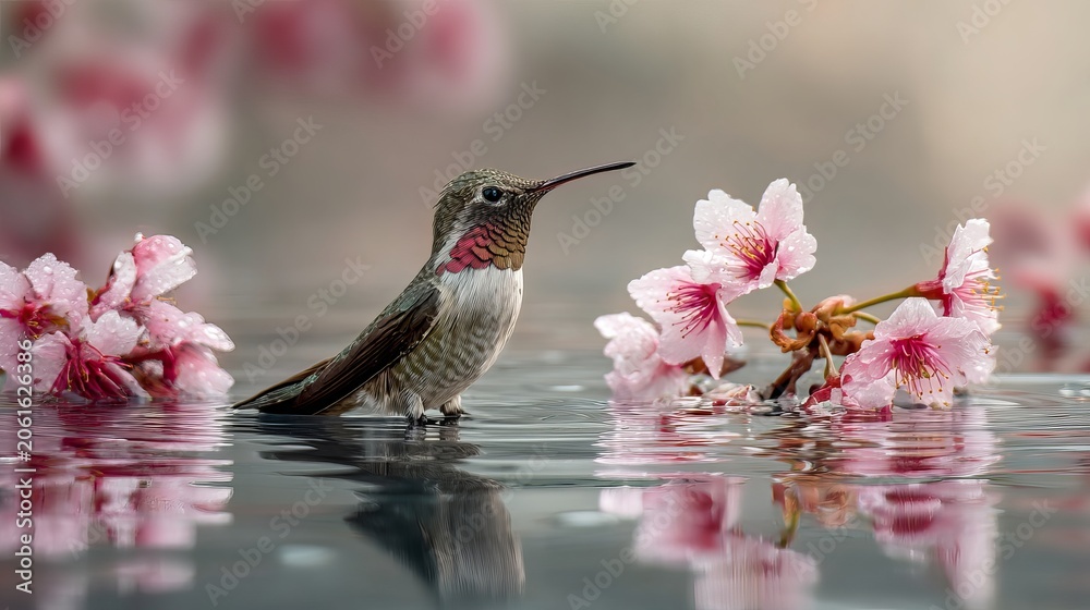 Fototapeta premium Small brown hummingbird standing in calm water beside delicate pink cherry blossoms during a bright and sunny spring morning time