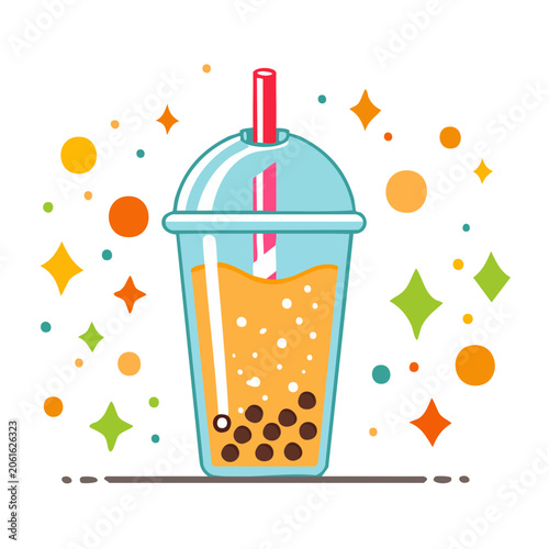 Colorful bubble tea cup illustration with tapioca pearls