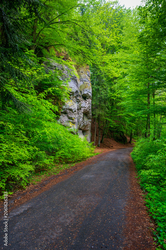 Massive sandstone rock formations along a forest trail in Bohemian Paradise (Cesky raj), Hruba Skala area (Hruboskalsko), Czech Republic, with giant stones rising above woodland path