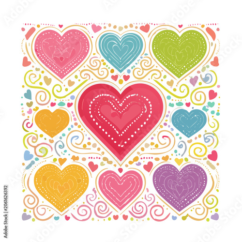 Colorful decorative hearts pattern with swirls and dots