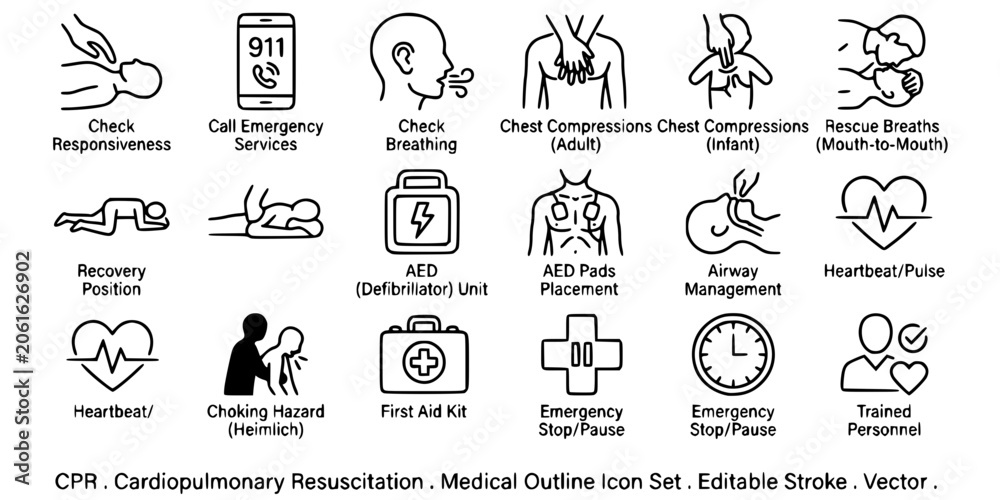 Fototapeta premium CPR . Cardiopulmonary Resuscitation . Medical outline icon . Editable stroke . Vector . 