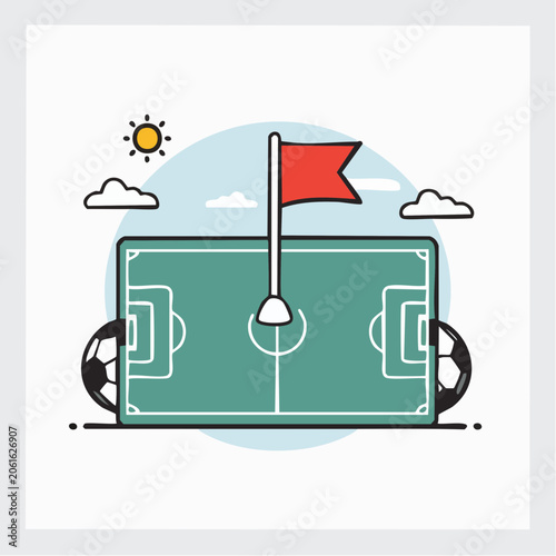 Soccer Field Illustration with Balls and Flag