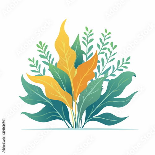 Stylized Illustration of Tropical Leaves in Yellow and Green Tones