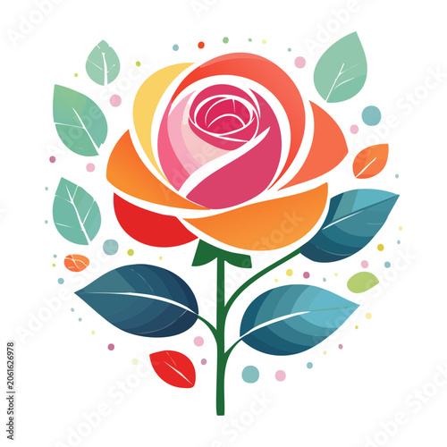 Stylized Rose Flower with Leaves and Dots