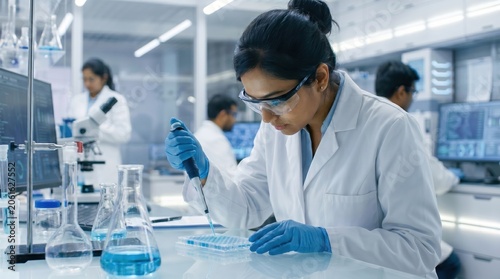 Indian Female Scientist using micropipette Biochemistry biotechnology