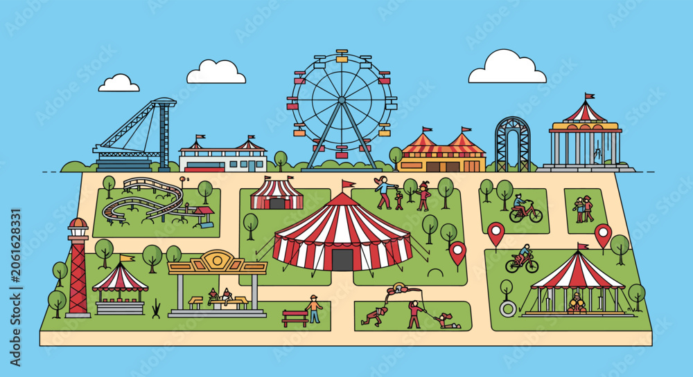 Fototapeta premium Illustration of a detailed amusement park map featuring various rides such as a ferris wheel, roller coaster, and tents.