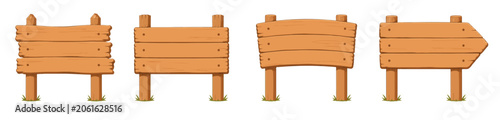 Set of Cartoon Wood Plank Sign for Information, Text box, Announcement, Blank Space, Quote, Jungle wood board, Garden Theme