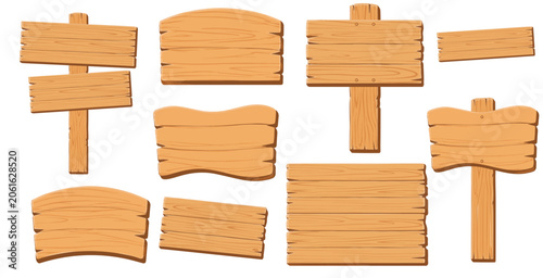 Set of Cartoon Wood Plank Sign for Information, Text box, Announcement, Blank Space, Quote, Jungle wood board, Garden Theme