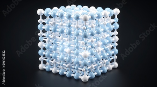 3D rendering of a crystalline structure with alternating blue and white spheres.