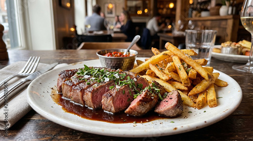 Delicious steak frites on a white plate with herbs and sauce in a restaurant setting with blurred background.
