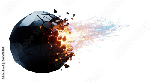Sleek matte black abstract monolithic object fracturing, revealing a dynamic burst of vibrant gold, orange, and electric blue light in a dramatic studio setting. Concept of breakthrough and innovation