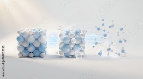 Abstract spheres transform from solid to dispersed molecular structure.
