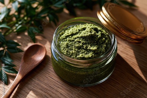 Fresh green pesto paste in glass jar with wooden spoon